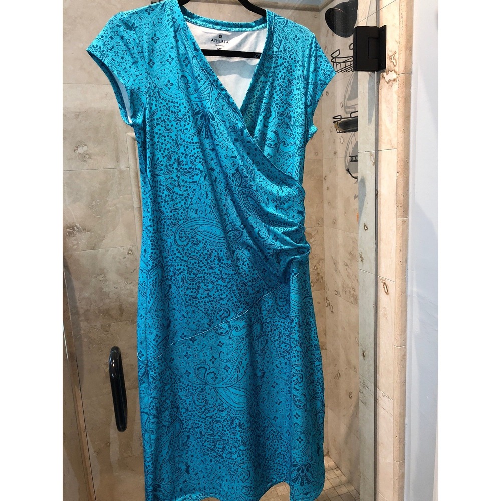 New ATHLETA sz MT red print Paisley Blue Green V-neck sun dress Moc Wrap